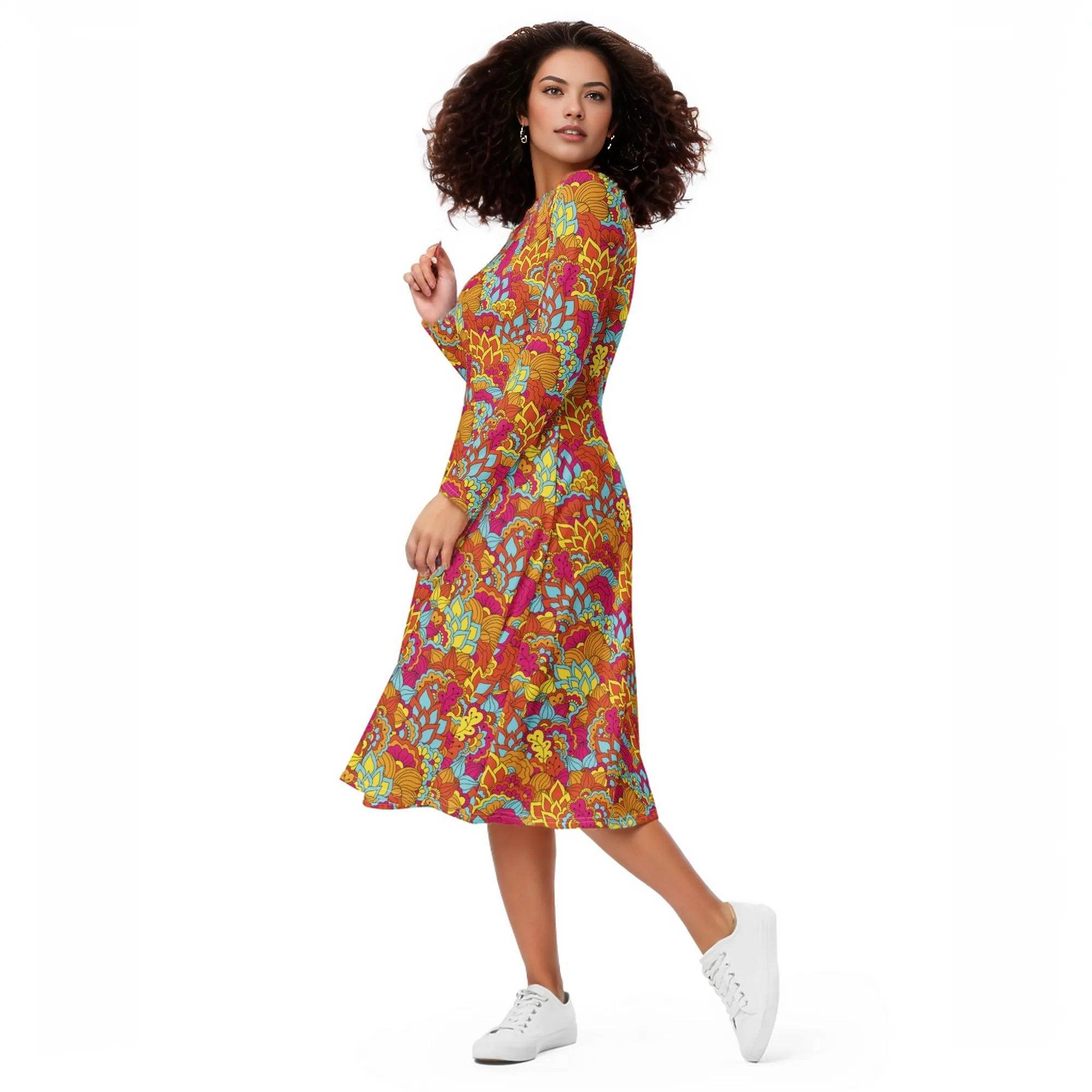 Inela Flower Power Retro Long Sleeve Fit & Flare Midi Dress Psychedelic Paisley Floral Red Yellow Orange Vibrant Bold Plus Size Pockets Round Neck 