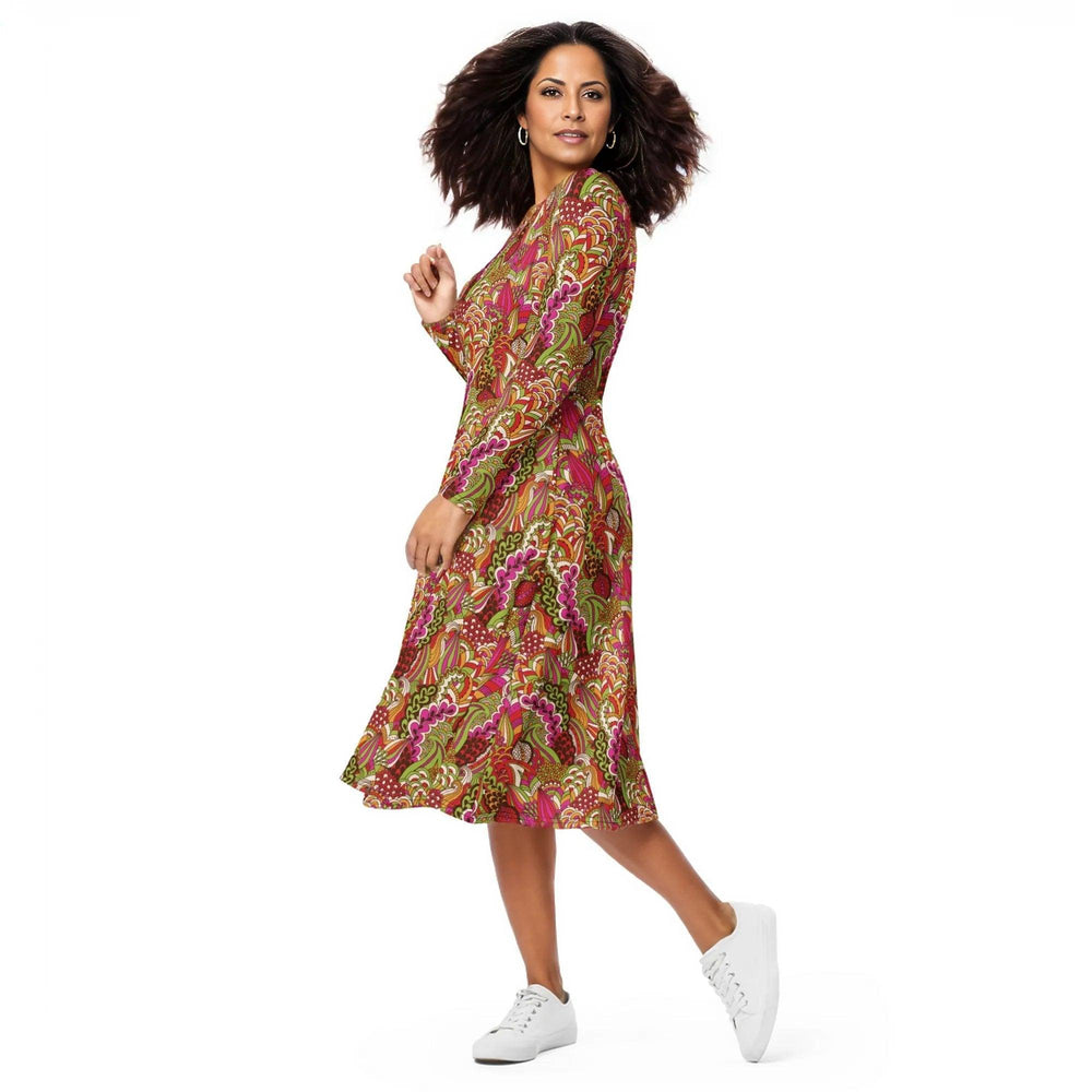Onei Long Sleeve Fit & Flare Midi Dress - Psychedelic Floral Paisley Pockets Red Pink Green Retro Funky Bold Vibrant Multi-color Plus Sizes