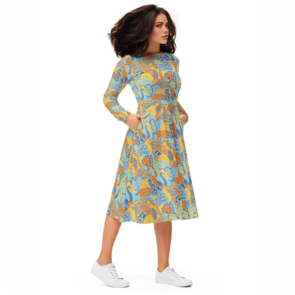 Pinsa Long Sleeve Fit & Flare Midi Dress - Paisley Psychedelic Floral Blue Yellow Orange Multicolor Kaleidoscope Retro Funky Bold Vibrant Pockets Boat Neck All Over Print Plus Sizes