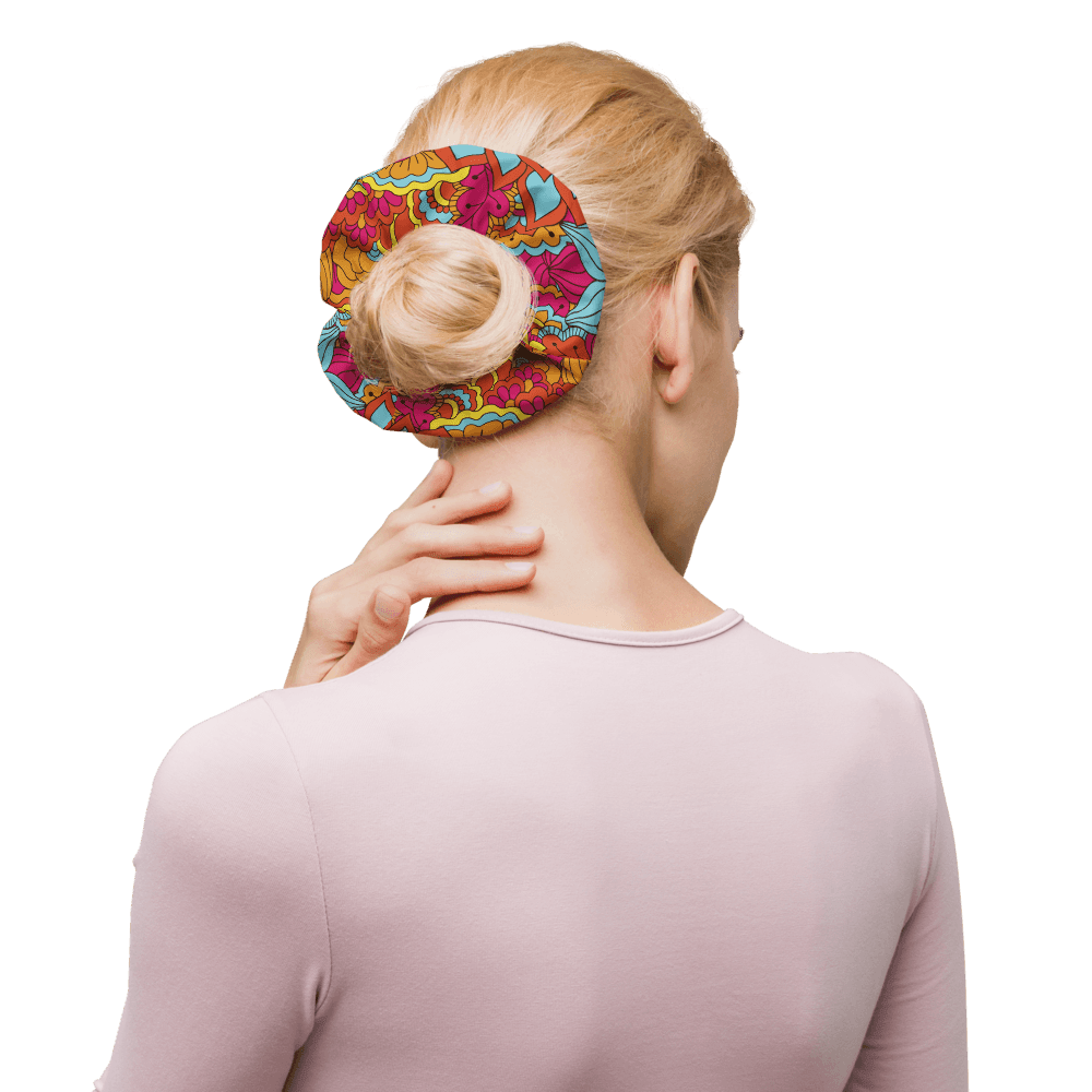 Inela Bow Hair Scrunchie - Flower Power Floral Print Multicolor Retro Bold Vibrant Psychedelic Red Yellow Pink