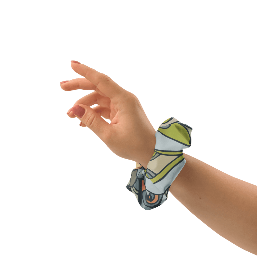 Jana Hair Bow Scrunchie - Abstract Paisley Print in Green Yellow Brown Retro Kaleidoscope Swirls Funky Recycled 