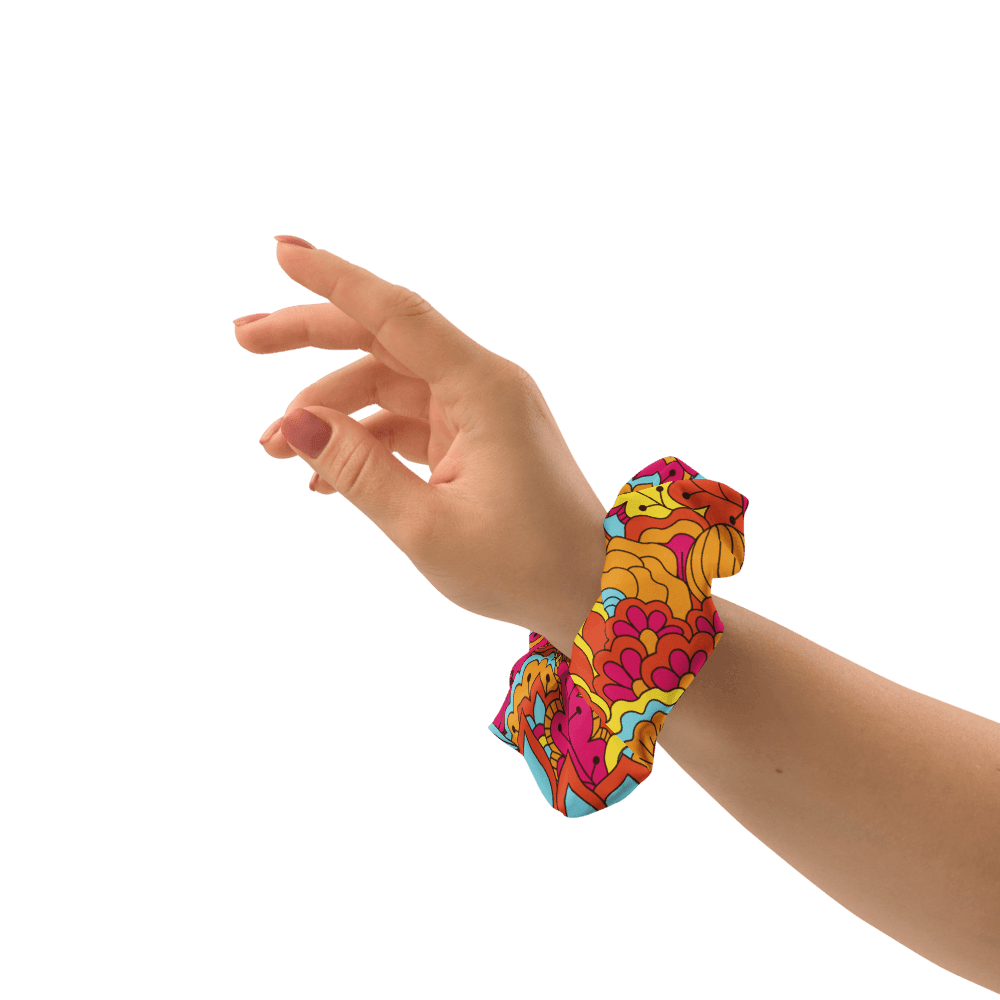 Inela Bow Hair Scrunchie - Flower Power Floral Print Multicolor Retro Bold Vibrant Psychedelic Red Yellow Pink