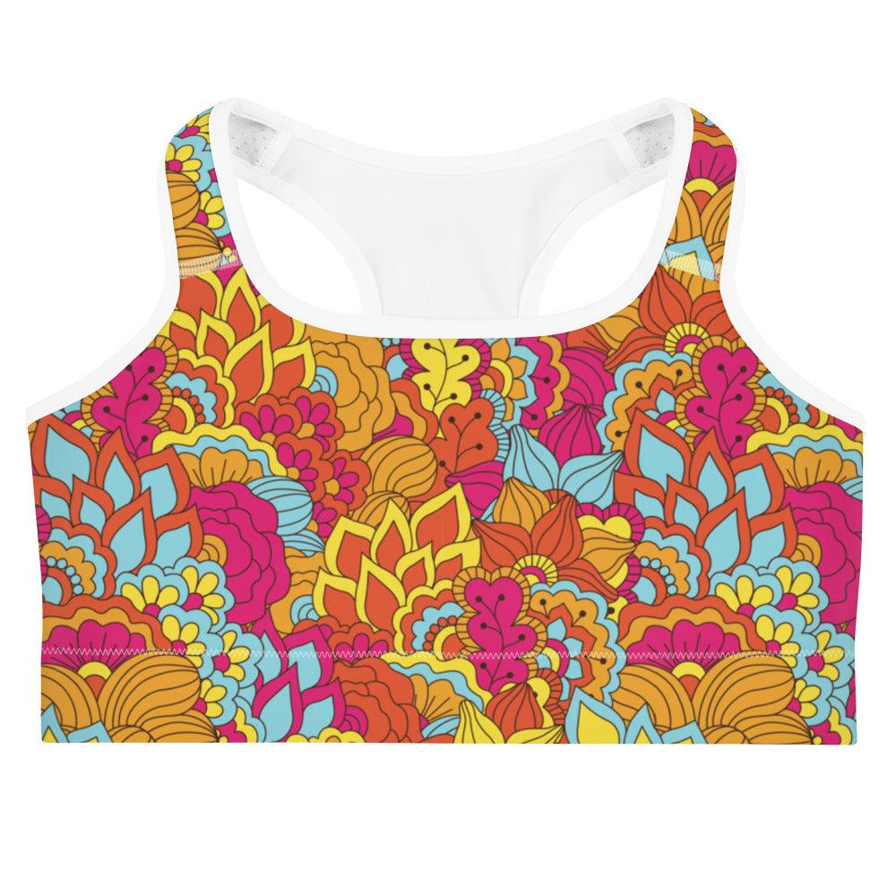 Inela Active Sports Bra - Flower Power Multicolor Floral Print Moisture Wicking Funky Retro Bold Vibrant Women's Activewear Tops Workout Gym