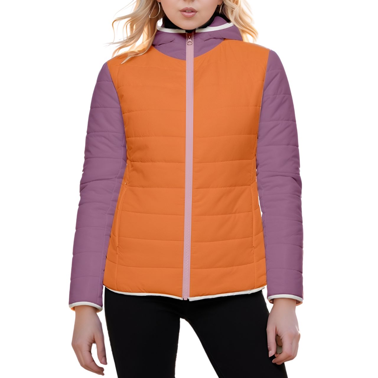 Stylish women's color-block quilted jacket with orange body, purple sleeves, and pink zipper with hood Outerwear Blissfully Brand