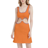 rendy orange cutout dress with purple trim, sleeveless design, and midriff circular cutout - perfect for summer fashion