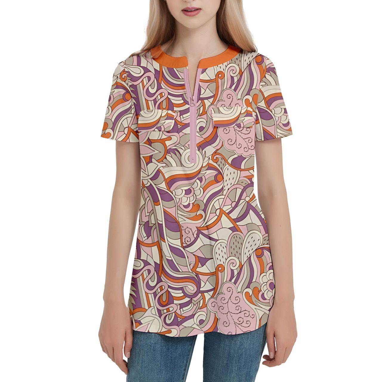 colorful retro-inspired tunic top with psychedelic swirl pattern over blue jeans, showcasing vibrant orange, purple, and beige abstract floral print