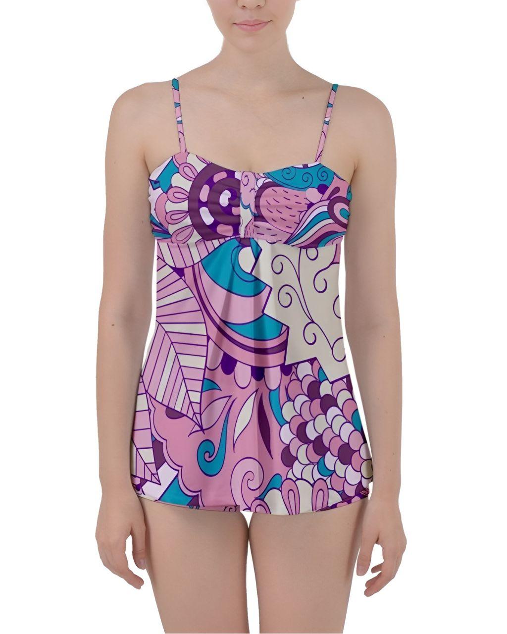 Antina Babydoll Tankini Set - Swimsuit Retro Psychedelic Abstract Swirls Paisley Floral Violet Pink Bold Funky