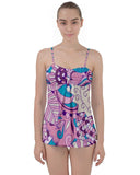 Antina Babydoll Tankini Set - Swimsuit Retro Psychedelic Abstract Swirls Paisley Floral Violet Pink Bold Funky