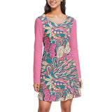 Women's long-sleeve dress featuring a vibrant multicolored abstract floral pattern and pink sleeves. Perfect for casual outings or making a bold fashion statement. Shop now for stylish and comfortable women's dresses