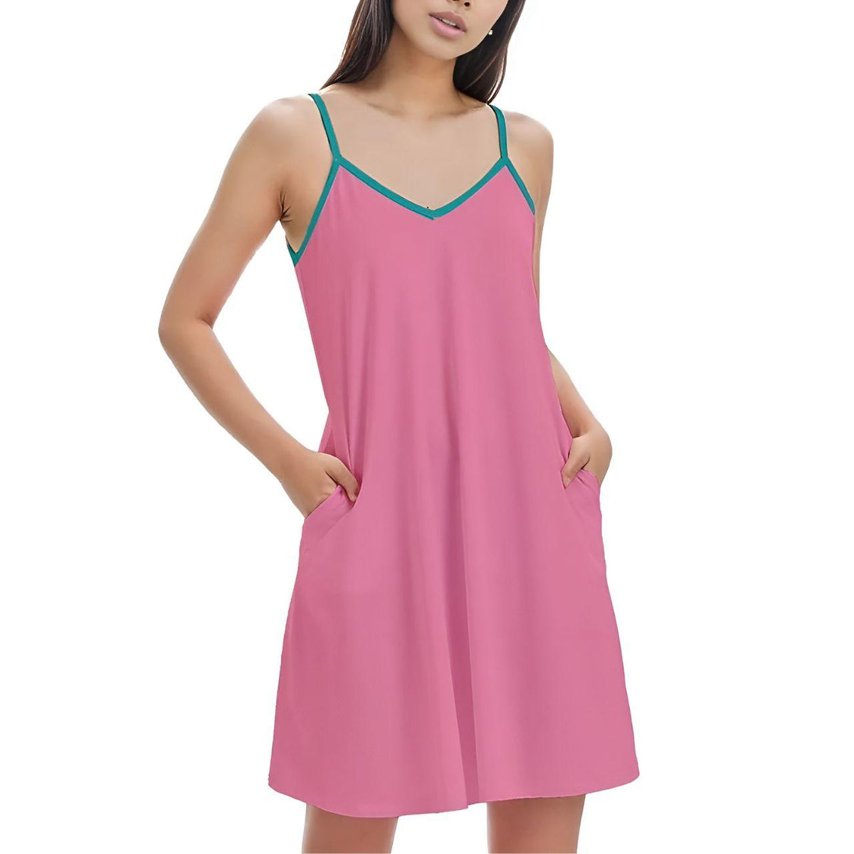 chic pink summer dress with teal straps and pockets. Perfect for casual outings and comfortable fashion. Shop the latest trendy sundresses for women