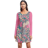 Vibrant long-sleeve dress with colorful abstract floral print - pink sleeves and multi-colored patterns, women's fashion, comfortable and stylish casual wear