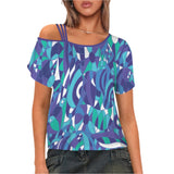 Kume Series geometric print cold shoulder top in blue and teal tones Retro abstract - Blissfully Brand