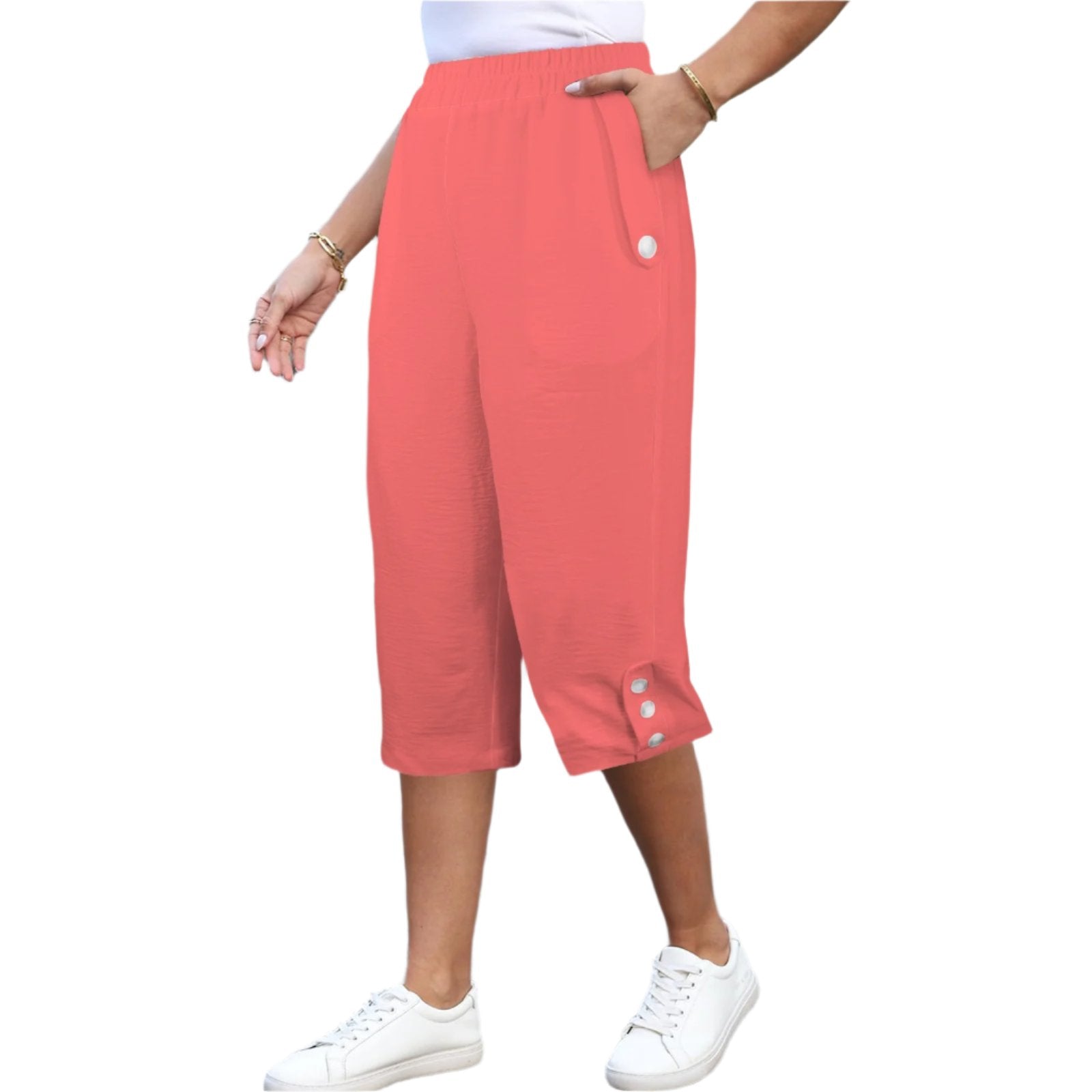 Citra Light Red Women's Capri Pants with Button trim and pockets, elastic waistband Blissfully Brand