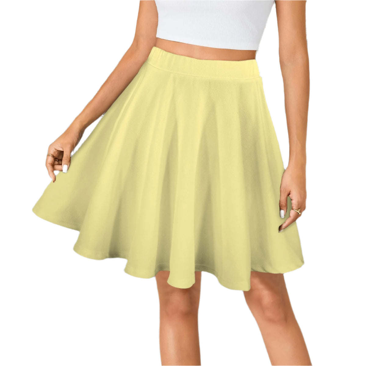 Pastel yellow Piki solid flare skirt with elastic waistband, showcasing A-line silhouette and comfortable skater fit. Coordinate by Blissfully Brand