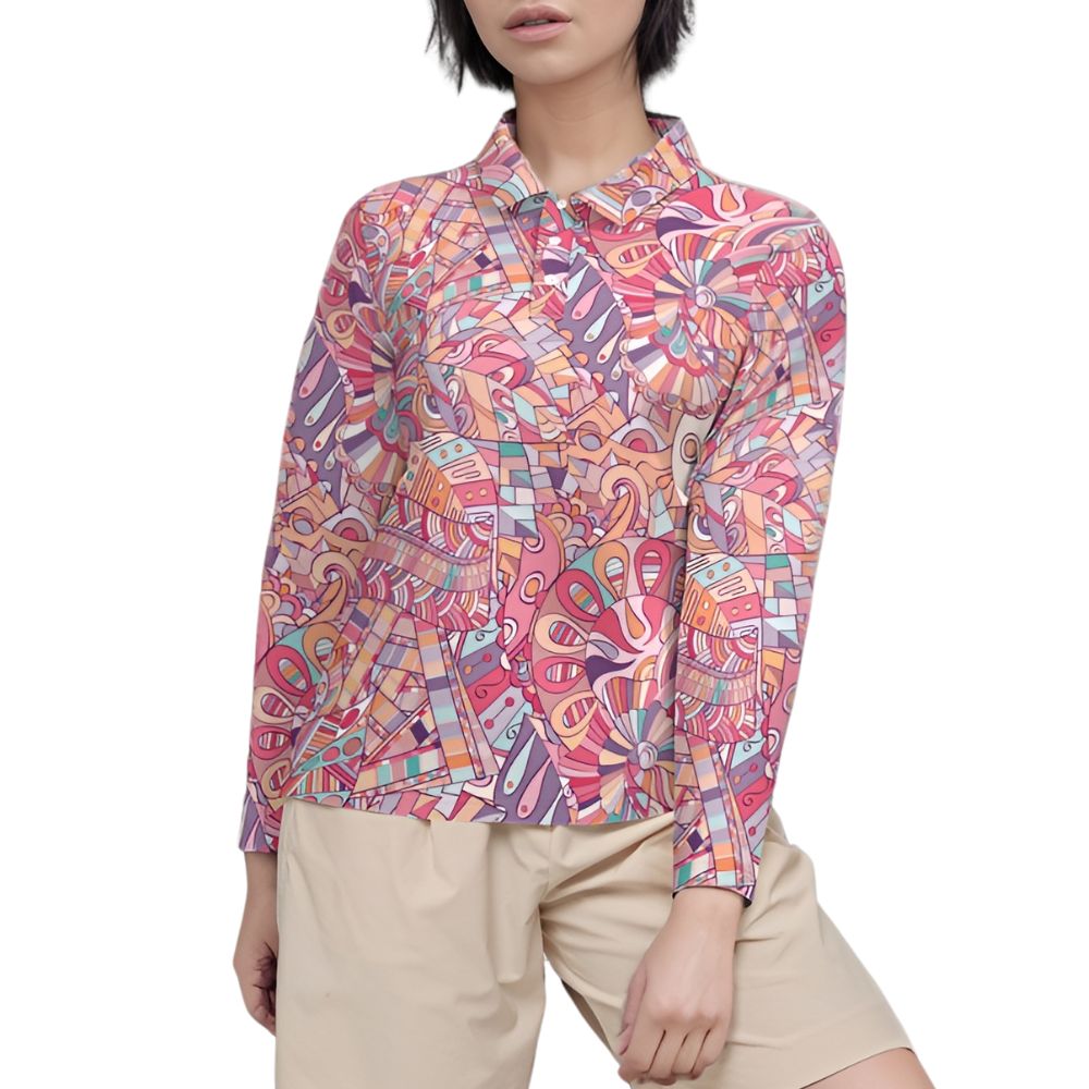 Women's Baiu Series long-sleeve polo shirt featuring a vibrant abstract print and a soft fleece lining. Blissfully Brand