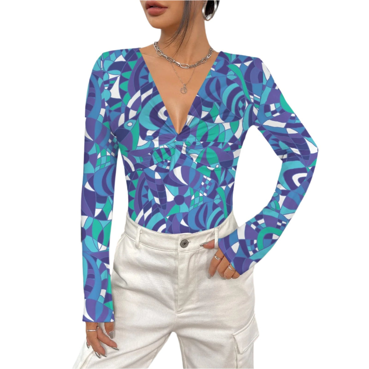 Kume blue and green geometric print long-sleeve twisted front top with a deep V-neck - chic retro abstract - Blissfully Brand