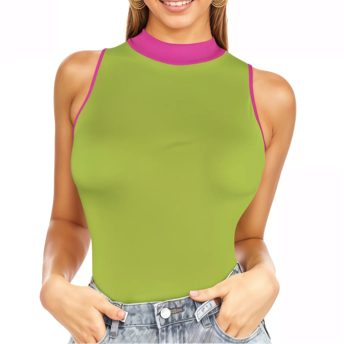 Onei vibrant green solid fitted tank top with high mock neck. Pink Red trimming. Blissfully Brand