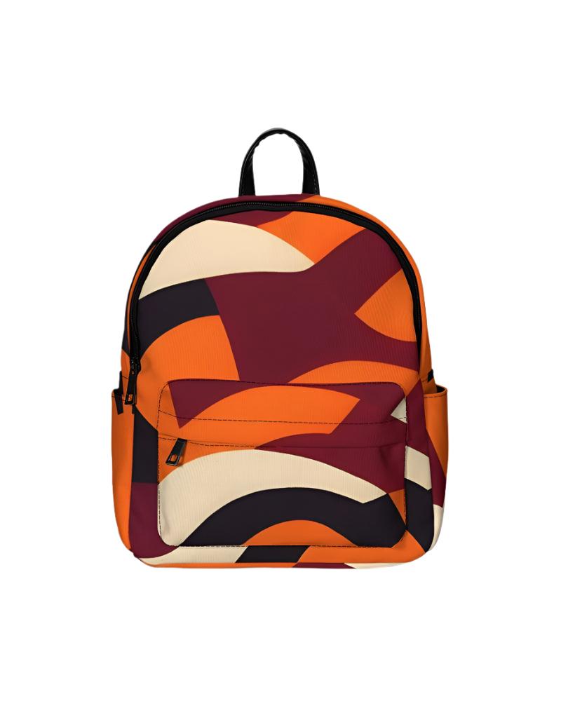 Retro abstract mini canvas backpack with geometric pattern in orange, burgundy, black, and cream. Stylish small backpack with front zipper pocket and colorful 70s inspired design