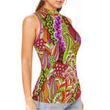 Onei vibrant tank top with a psychedelic pattern of flowers, swirls, and geometric shapes in shades of green, orange, pink, purple, and red. The tank top has a high neckline and a sleeveless design. Blissfully Brand