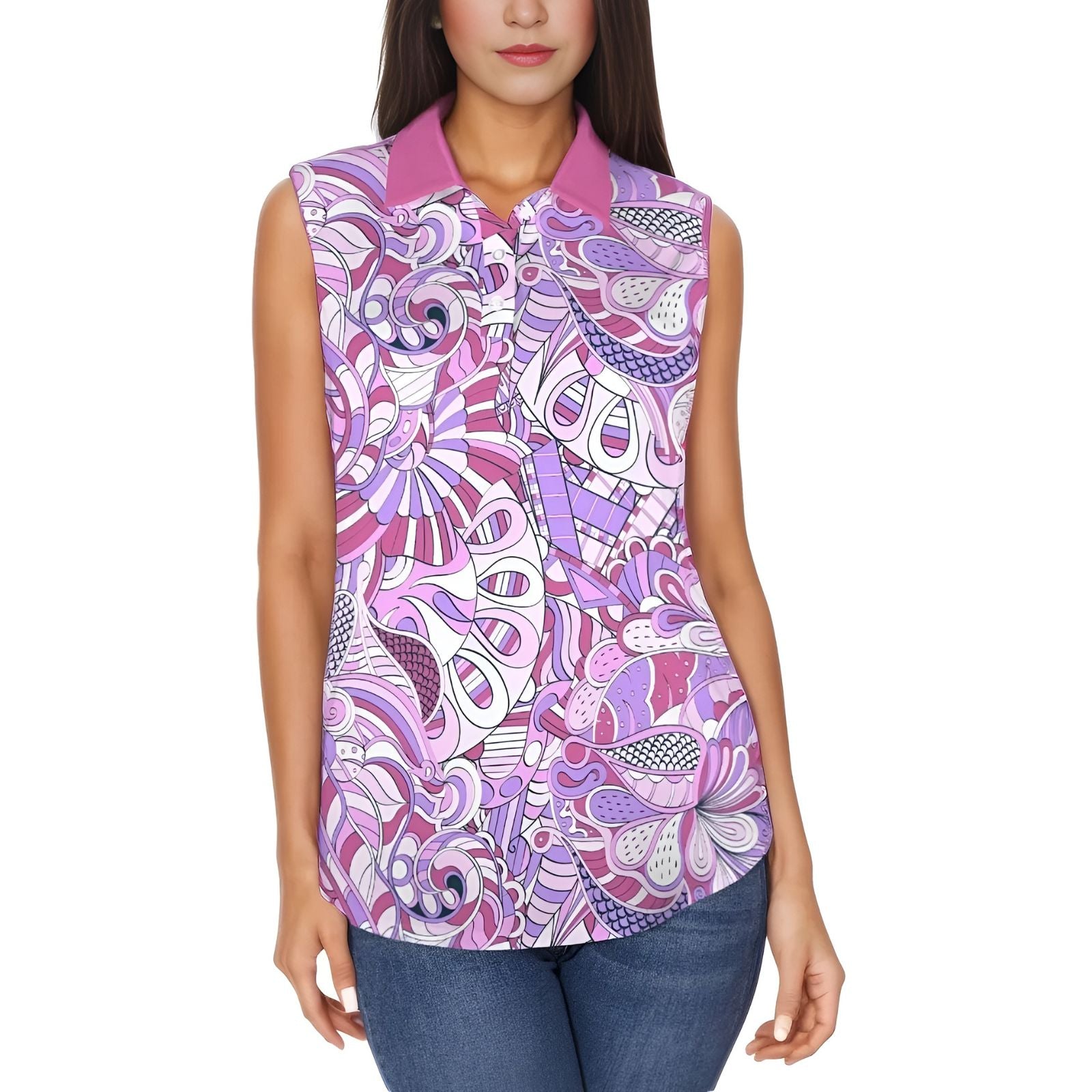 Retro print sleeveless polo top with a vibrant abstract pattern in shades of purple and pink. The top has a collared neckline and button placket. Blissfully Brand