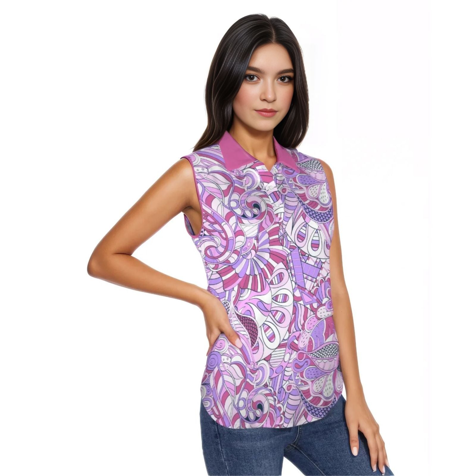 Abstract Retro print sleeveless polo top with a vibrant abstract pattern in shades of purple and pink. The top has a collared neckline and button placket. Blissfully Brand