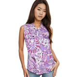 Psychedelic print sleeveless polo top with a vibrant abstract pattern in shades of purple and pink. The top has a collared neckline and a front zipper. High neck.  Blissfully Brand