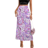 vibrant lavender and rose swirl print Cavai ruched maxi skirt, showcasing the flattering silhouette and retro-inspired design by Blissfully Brand