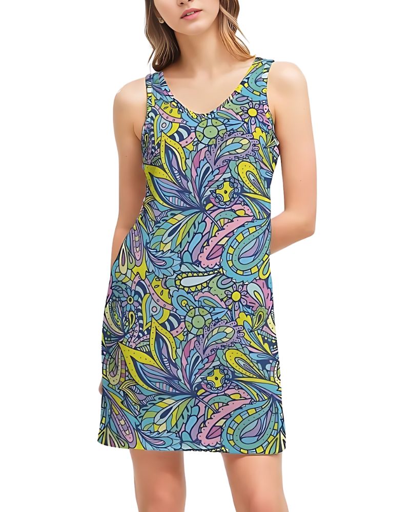 Psychedelic Paisley Floral Rib Knit V Neck Tank Mini Dress Retro Bold Vibrant Summer Blissfully Brand
