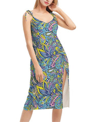 Sleeveless summer paisley dress Side slit colorful floral dress vibrant bold retro bright print midi dress tie shoulder Blissfully Brand