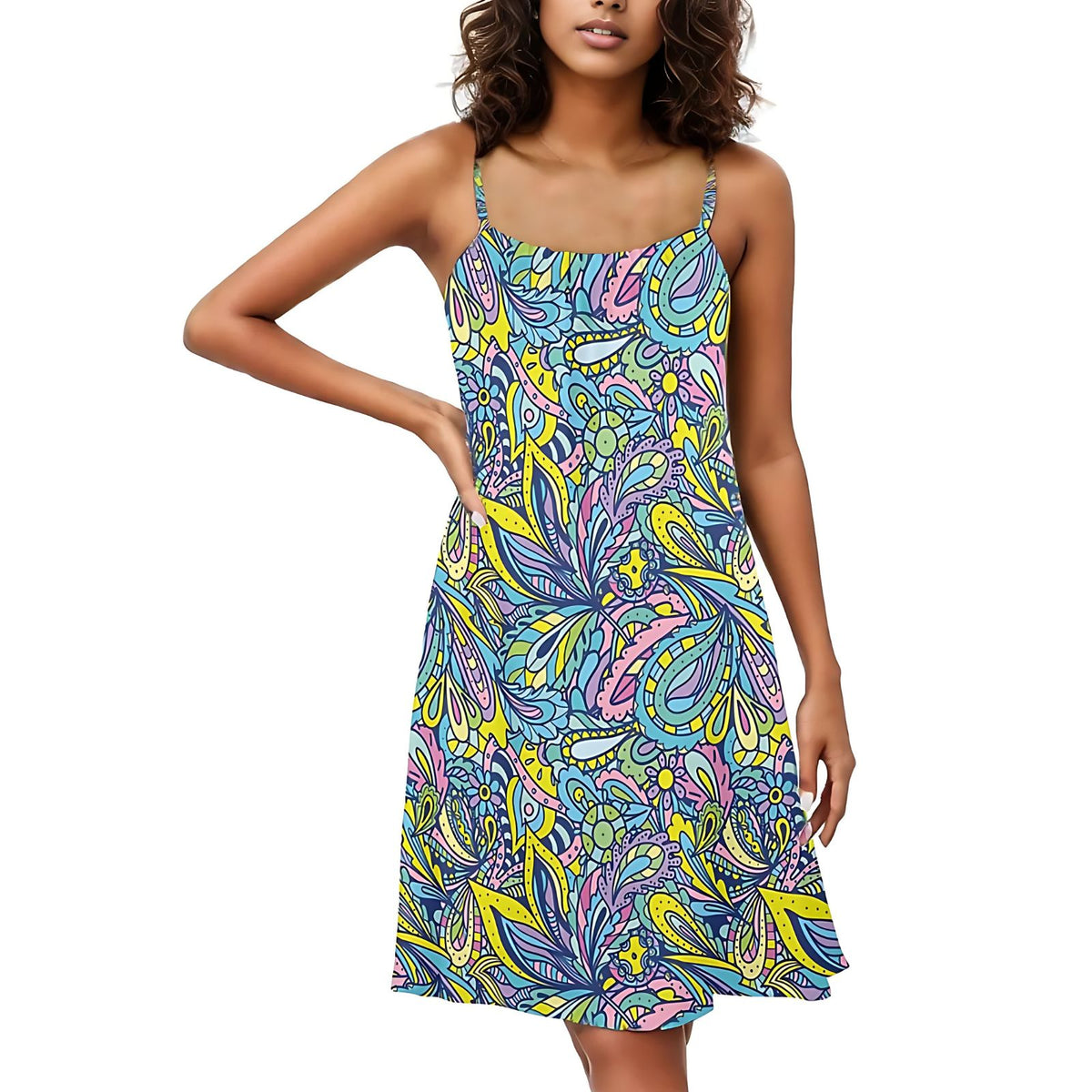 Cenala Drawstring Neck Summer Dress Sleeveless Bold Vibrant Funky Beachwear  Psychedelic Paisley Floral