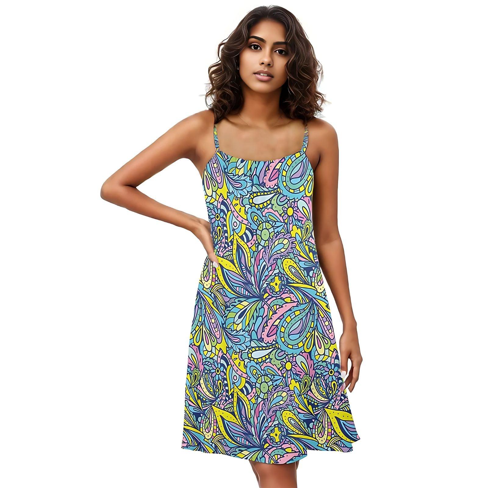 Cenala Drawstring Neck Summer Dress Sleeveless Bold Vibrant Funky Beachwear Psychedelic Paisley Floral