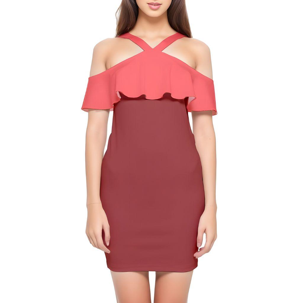 Citra Burnt Umber Brown & Red Reversible Strap Off Shoulder Frill Bodycon Dress Mini Ruffled Halter Strap Fitted Bold Vibrant Color Block Coordinate Summer Plus Size