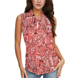 Women's sleeveless top with a vibrant abstract floral print. The top has a collared neckline, a zip-up front. Retro Bold Psychedelic Blissfully Brand