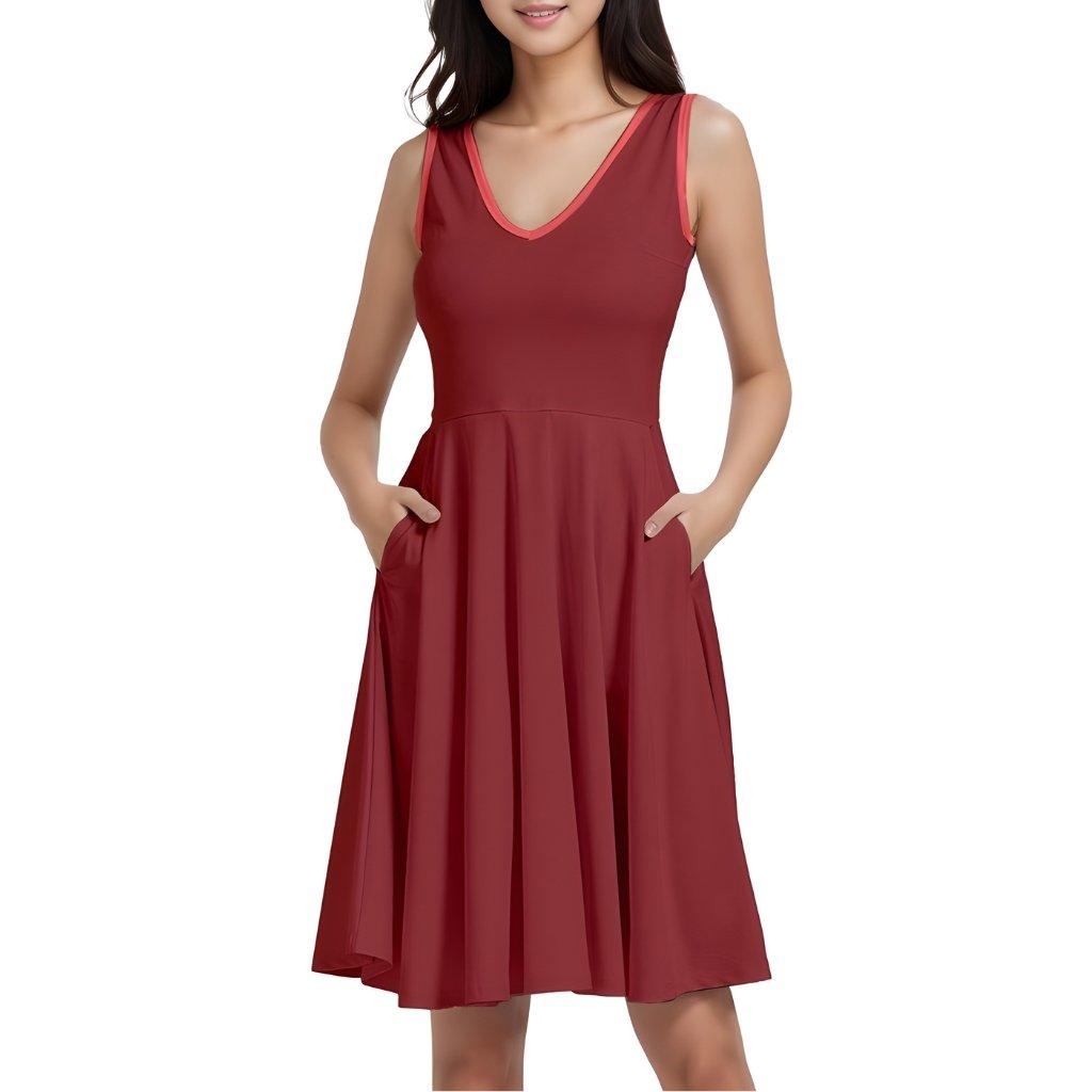 Citra Burnt Umber Red Brown Sleeveless V-neck Skater Pocket Dress Pleated High Waist Coordinate Solid Plus Size