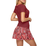 Citra Brown Active Top Tee & Print Skort Set - Psychedelic Paisley Red Pink Orange Solid Top Ruched Tie Round Neck Sportswear Womens Tennis Activewear Plus Size Coordinate Retro Funky Bold Wild Vibrant
