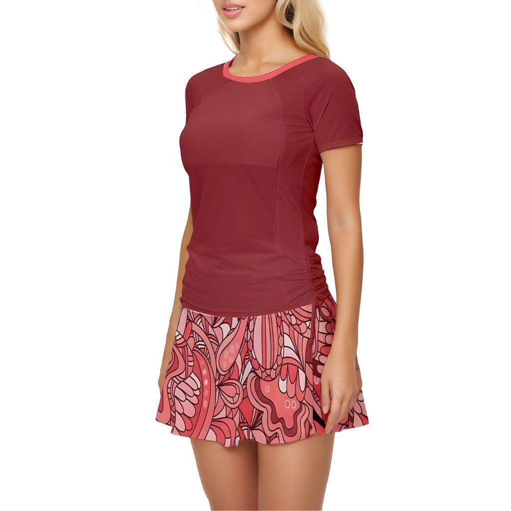 Citra Brown Active Top Tee & Print Skort Set - Psychedelic Paisley Red Pink Orange Solid Top Ruched Tie Round Neck Sportswear Womens Tennis Activewear Plus Size Coordinate Retro Funky Bold Wild Vibrant