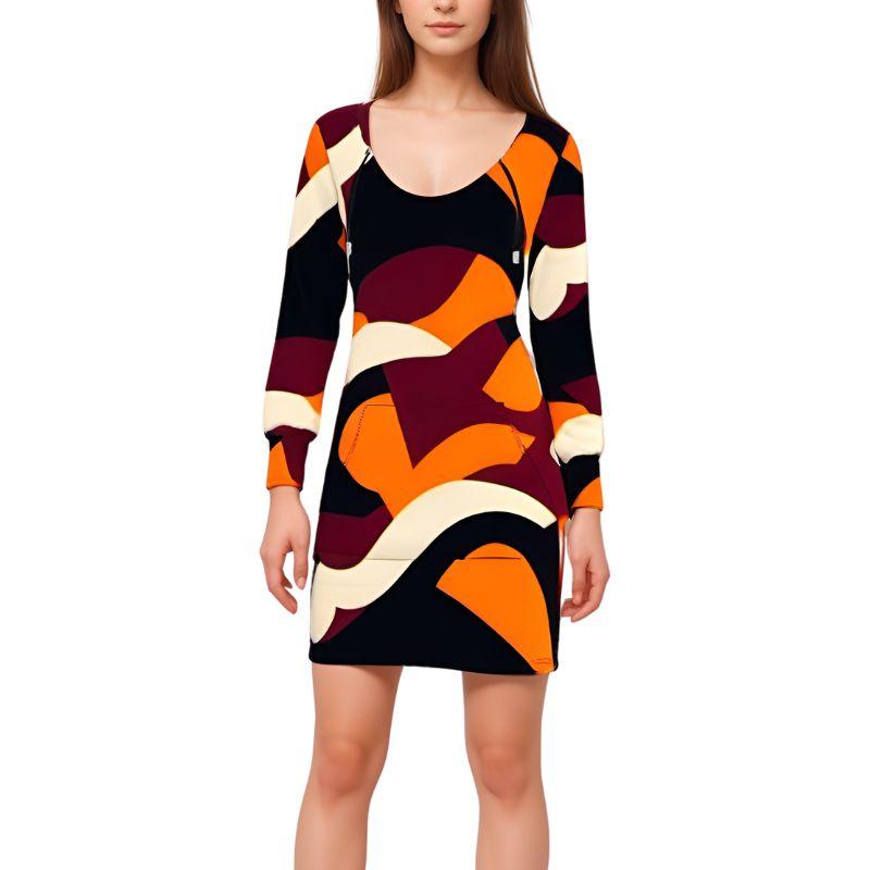 Unleash your bold spirit with this vibrant hoodie dress that features an eye-catching abstract design in dynamic hues of orange, burgundy, and cream. Stand out and be unapologetically yourself while enjoying supreme comfort and fashion-forward style