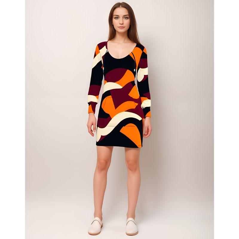 A vibrant, abstract geometric flowy retro print hoodie dress that will make you stand out from the crowd. This comfy and stylish dress is perfect for everyday wear.