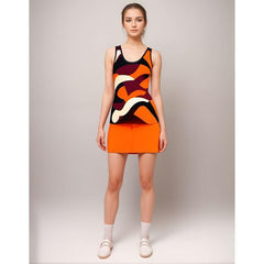 Women's Retro Pop Art Abstract Colorful Tank Top - Sleeveless, Lightweight, and Trendy. Perfect for Summer Wear. Bold Orange, Black, And White Geometric Design with Racerback. Vibrant and Stylish Tank Top Ideal for Casual Outfits