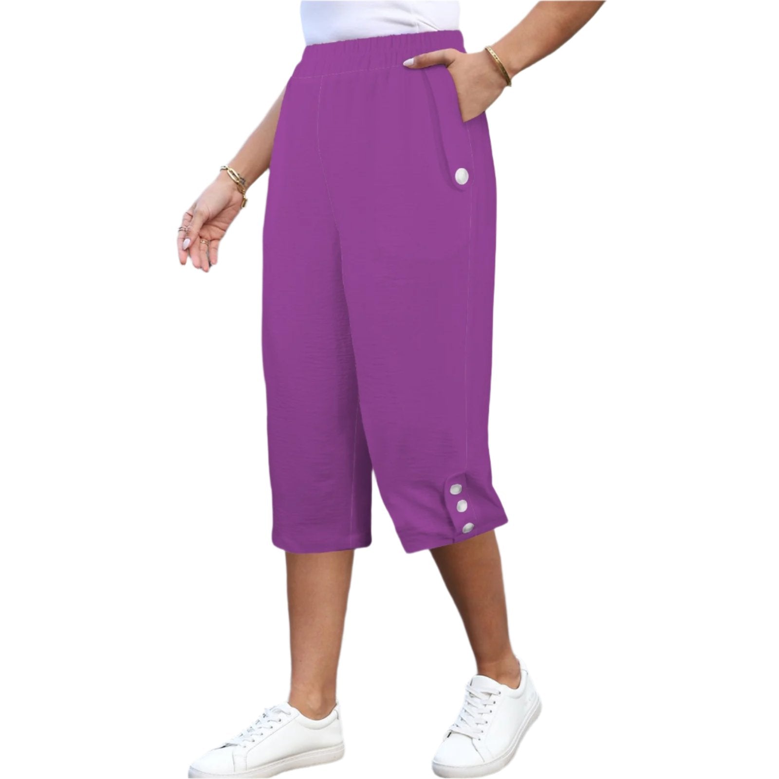 Viaje Vibrant Violet Women's Capri Pants with Wide Leg & Button trim and pockets, elastic waistband Blissfully Brand