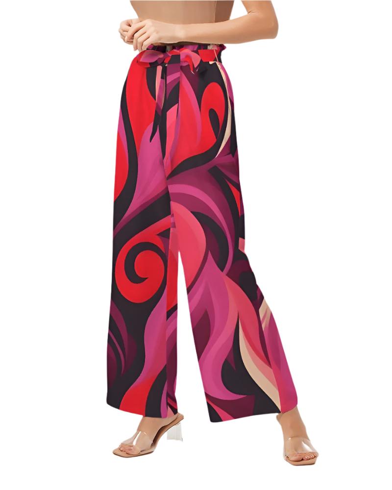 Prague high-waisted wide-leg trousers with bold red and pink abstract pattern, retro chic - Blissfully Brand