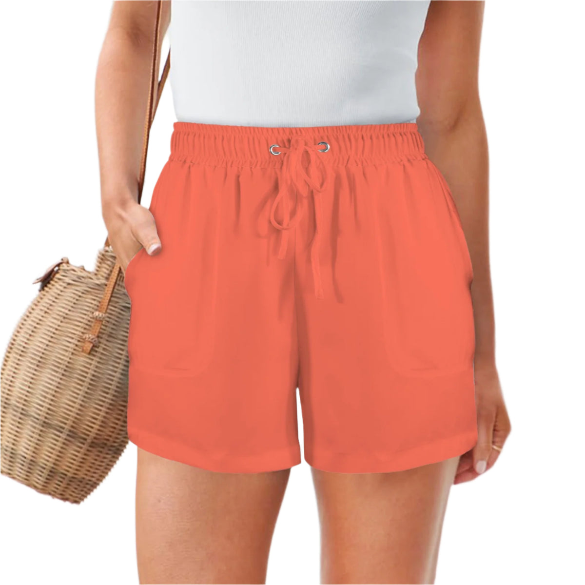 Women's casual orange drawstring shorts with pockets and elastic waistband MIna Series Coordinate - Summer Styles - Blissfully Brand