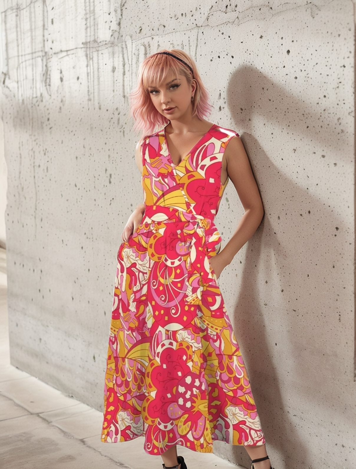 Vibrant Bold floral paisley retro print maxi dress with V-neck and tie waist, featuring vibrant pink, yellow, and white abstract pattern Blissfully Brand