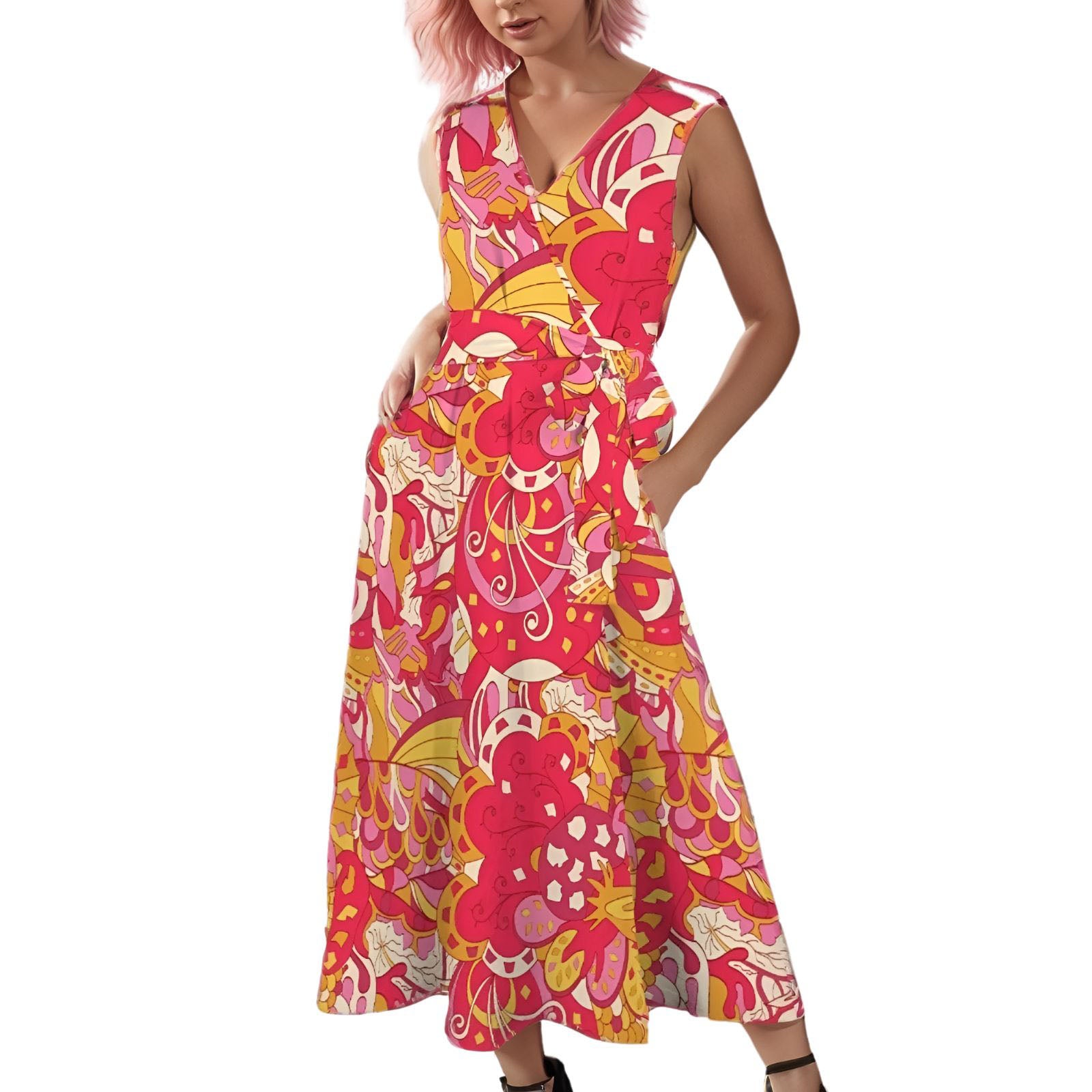 Colorful floral print maxi dress with V-neck and tie waist, featuring vibrant pink, yellow, and white abstract pattern psychedelic retro Decora by Blissfully Brand