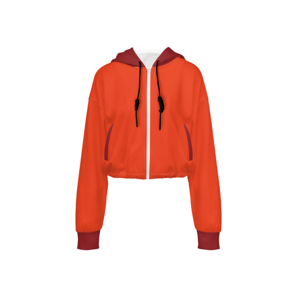 Eco-friendly Orange Cropped Zip Hoodie with Burgundy Trim, Thumbholes and Front Pockets - Sustainable athleisure - Blissfully Brand