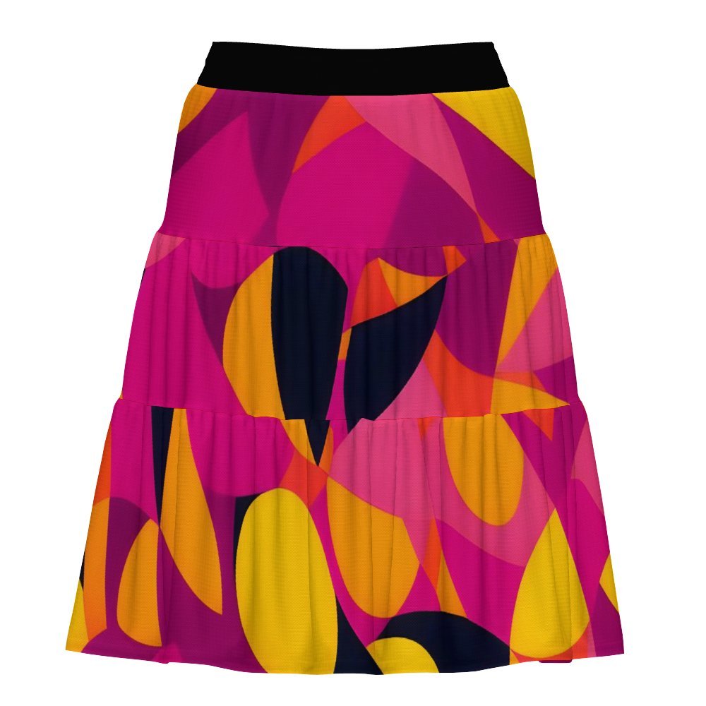 Geometric Shapes Abstract Tiered Skirt A-line Ruffle Bold Lightweight Summer Skirt Pink Elastic Waist Knee Length Multicolor Retro  Blissfully Brand