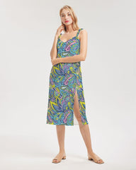 Sleeveless summer paisley dress Side slit colorful floral dress vibrant bold retro bright print midi dress Blissfully Brand
