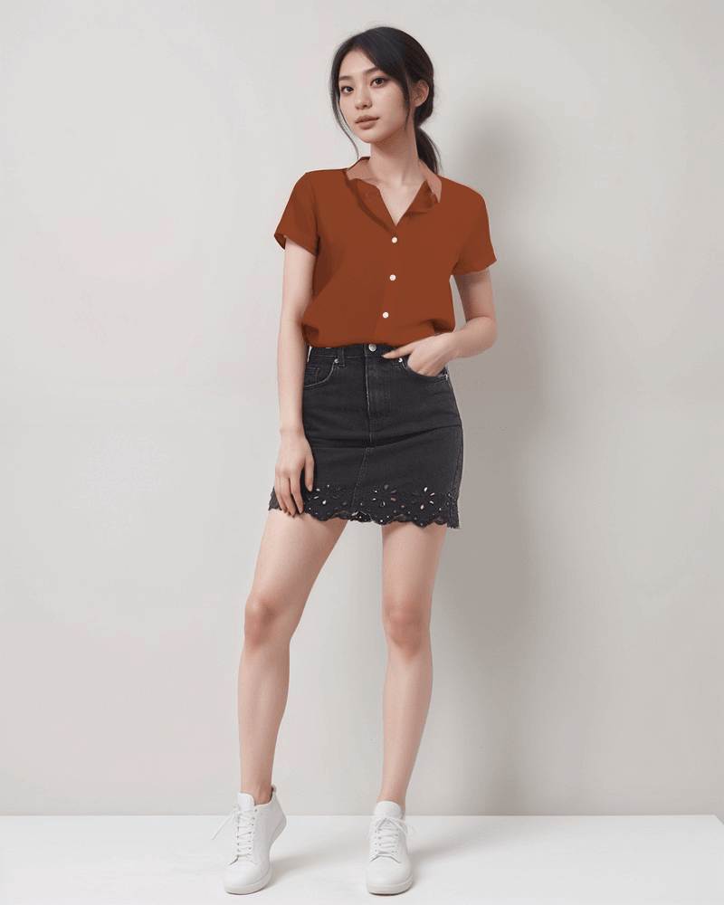 dark orange short-sleeve button-up shirt with brown orange collar women's blissfully brand