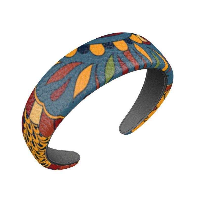 Ebisa Leather Headband - Paisley Psychedelic Floral Scales Blue Orange Green Yellow Retro Designer Coordinate Smooth & Textured Bubble 