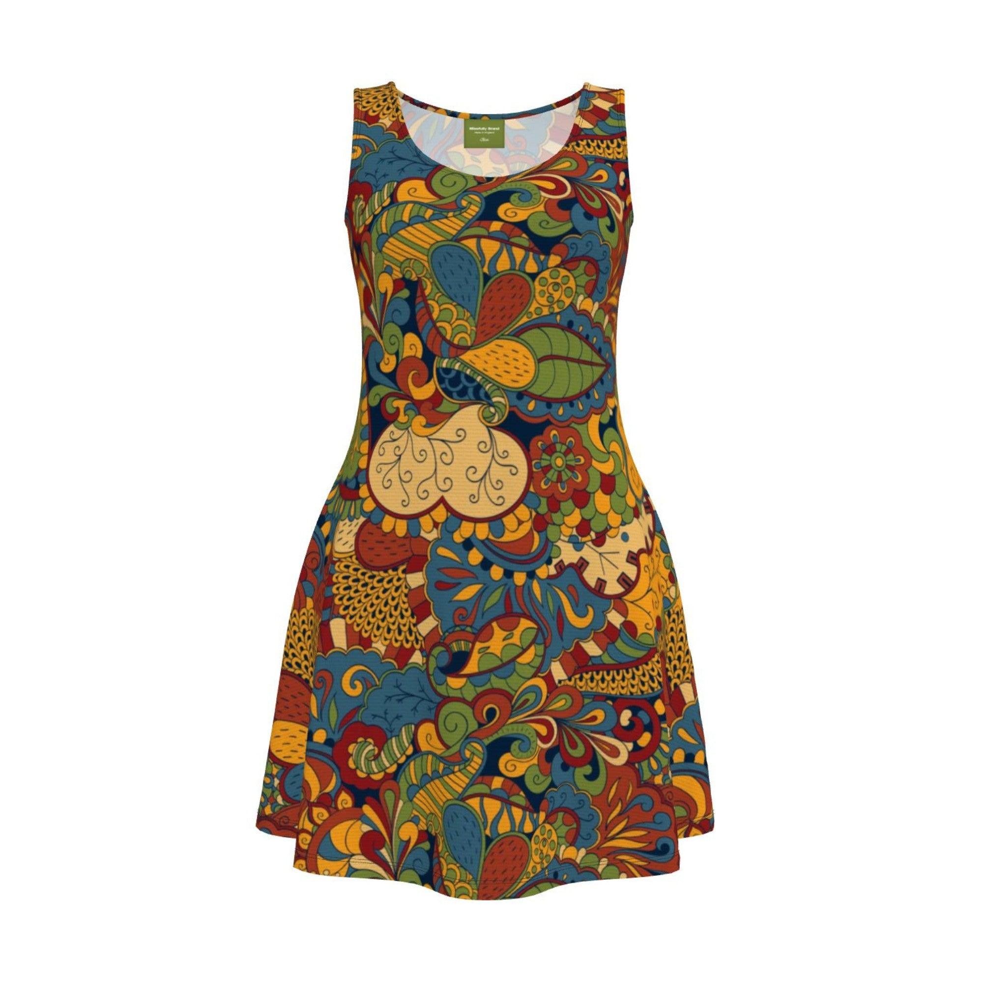 Ebisa Skater Mini Dress - Dark Psychedelic Paisley Floral Velour & Jersey Retro Kaleidoscopic Bold Swirls Scales Scoop Neck